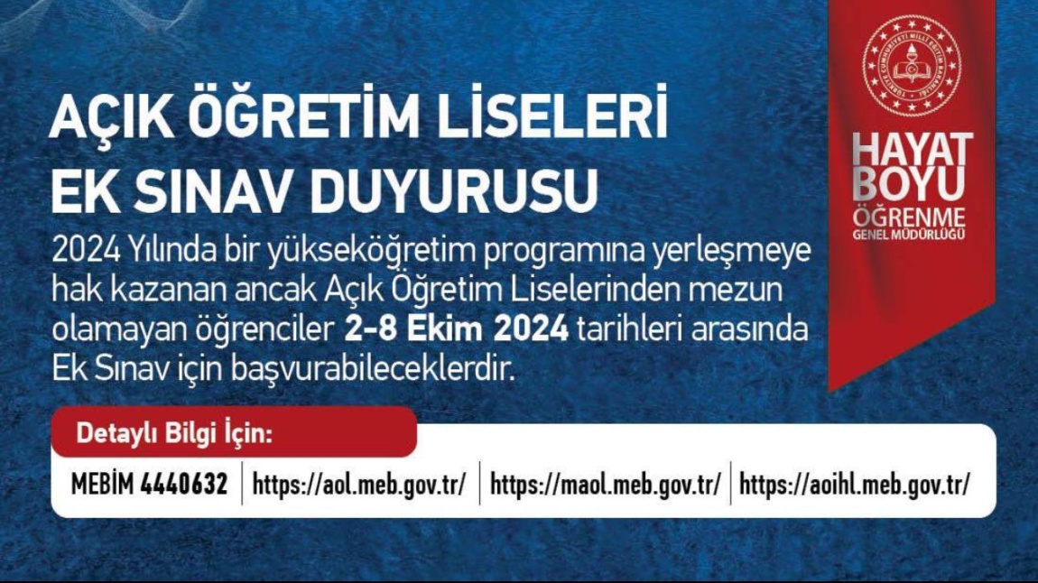 AÇIK ÖĞRETİM LİSESİ EK SINAV DUYURUSU